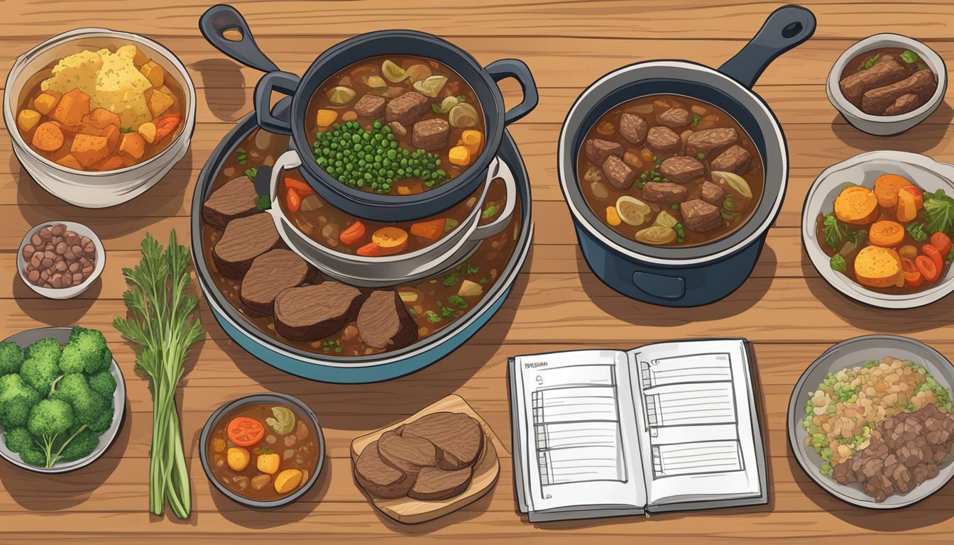 A simmering pot of venison stew surrounded by 10 meal plans, with various meats and vegetables on a wooden table