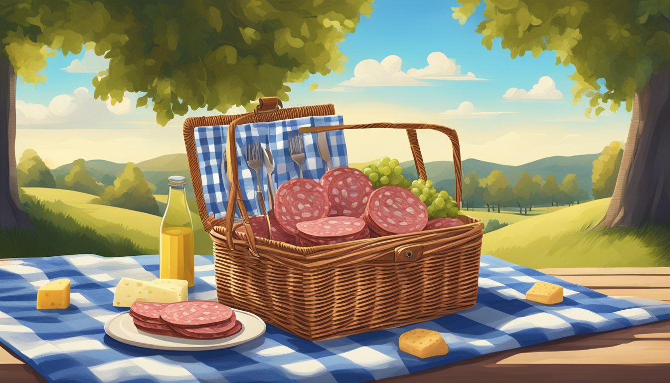 A picnic basket filled with salami sticks, cheese, and nuts, sits on a checkered blanket under a shady tree. A winding road and blue sky are visible in the background