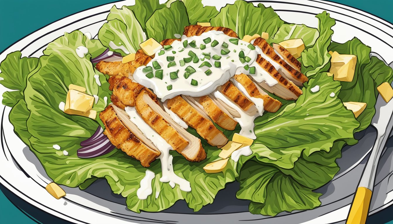 A colorful plate with a bed of romaine lettuce topped with grilled chicken, parmesan cheese, and Caesar dressing, with no croutons