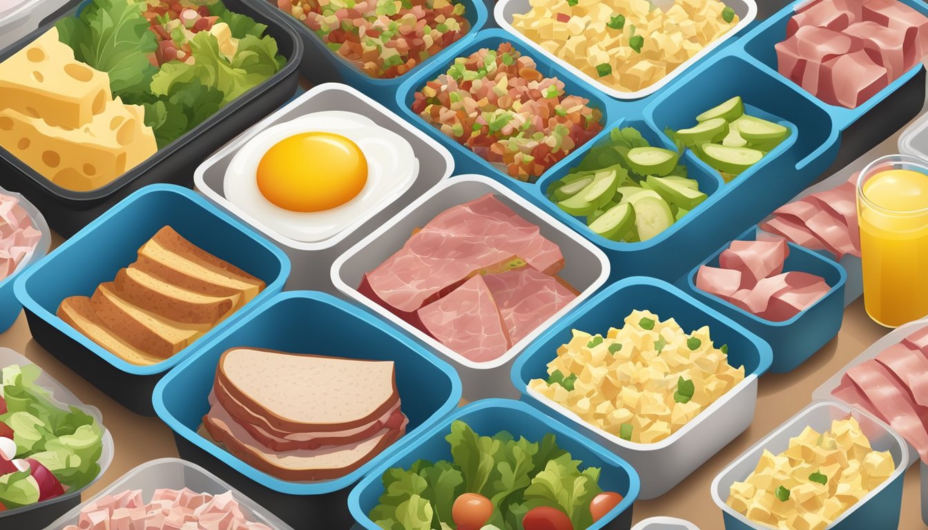 A colorful lunch container with egg salad and diced ham, surrounded by a variety of carnivorous lunch options, such as meat and cheese