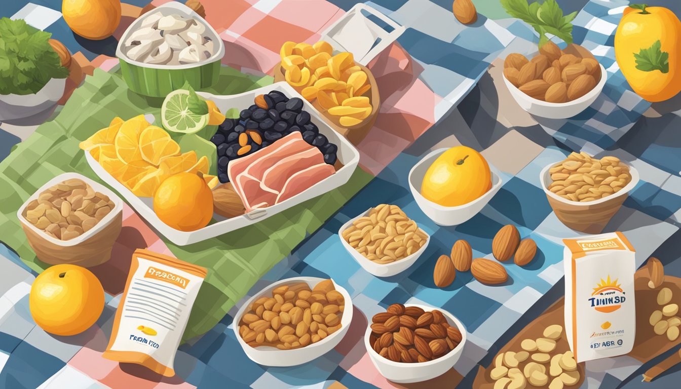 A colorful array of tuna packets, nuts, and dried fruits arranged on a checkered picnic blanket. A car and road in the background suggest a road trip