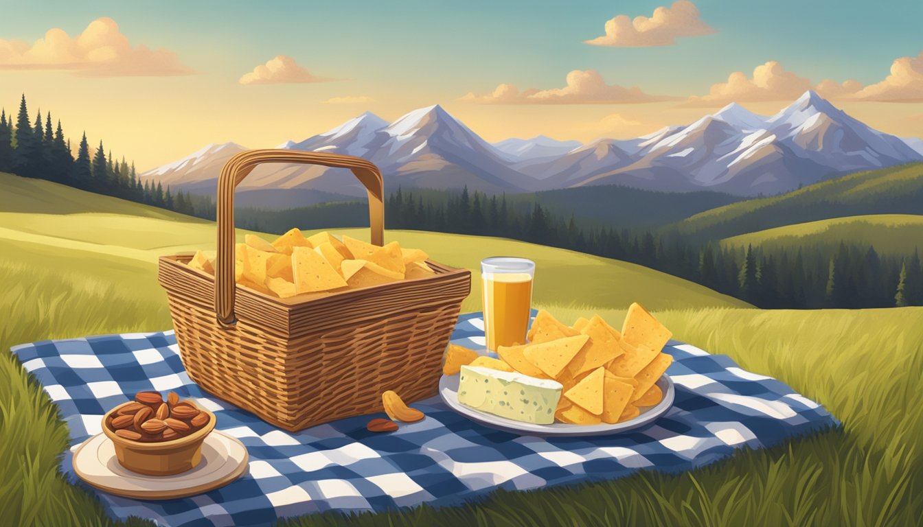 A picnic basket filled with cheese crisps, nuts, and jerky sits on a checkered blanket in a grassy field. A winding road and mountains are visible in the background