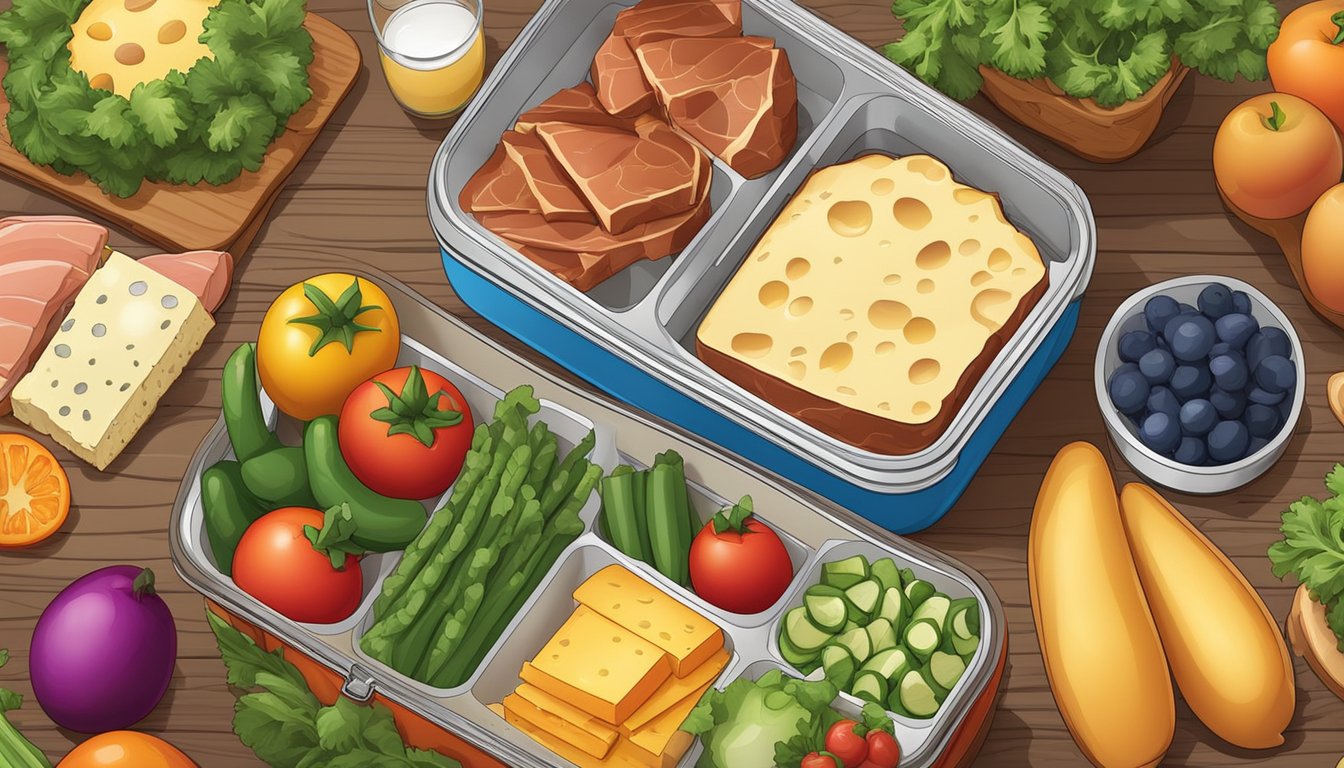 A lunchbox filled with various meats, eggs, and cheese, surrounded by colorful vegetables and fruits, neatly arranged on a wooden table