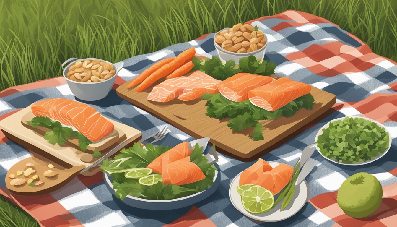 A picnic spread with smoked salmon, nuts, and vegetables on a checkered blanket in a grassy field