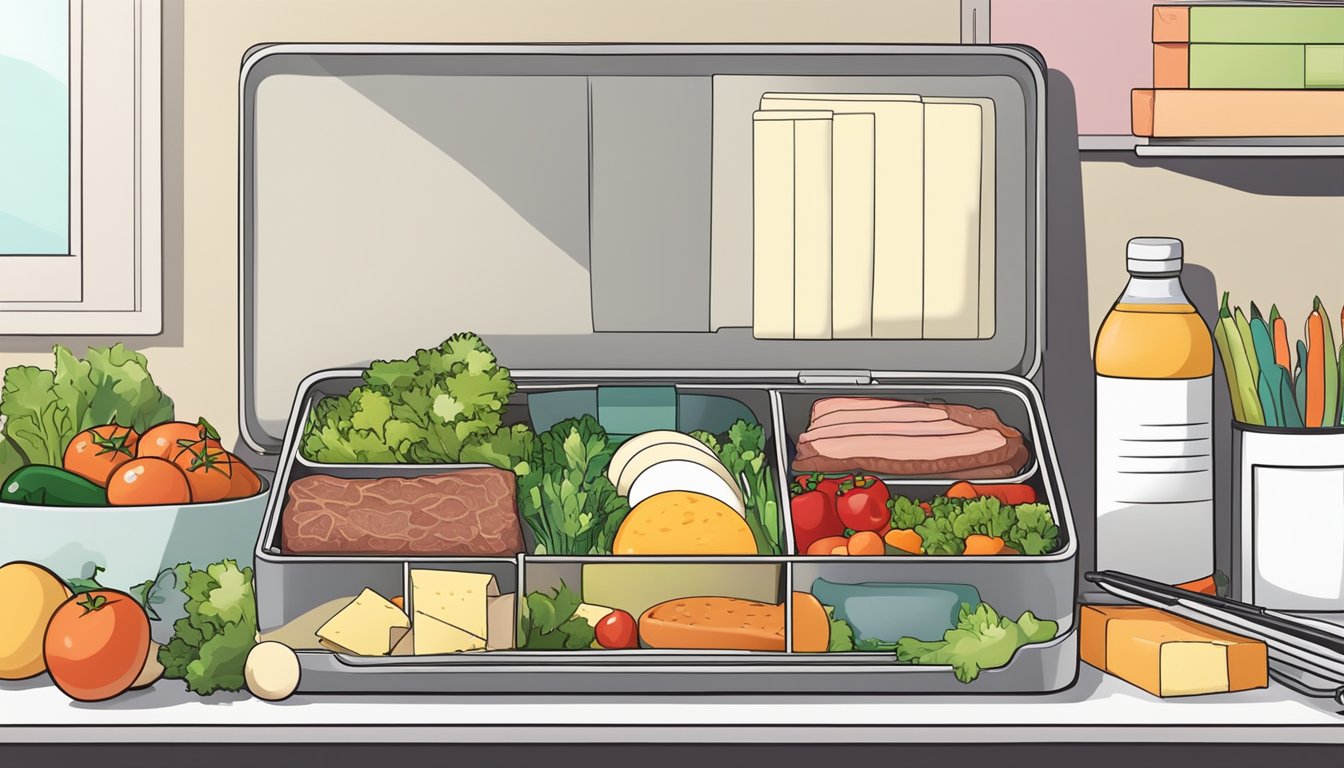 A lunchbox filled with various meats, eggs, and cheese alongside a colorful array of vegetables and fruits, set against a backdrop of a busy office desk