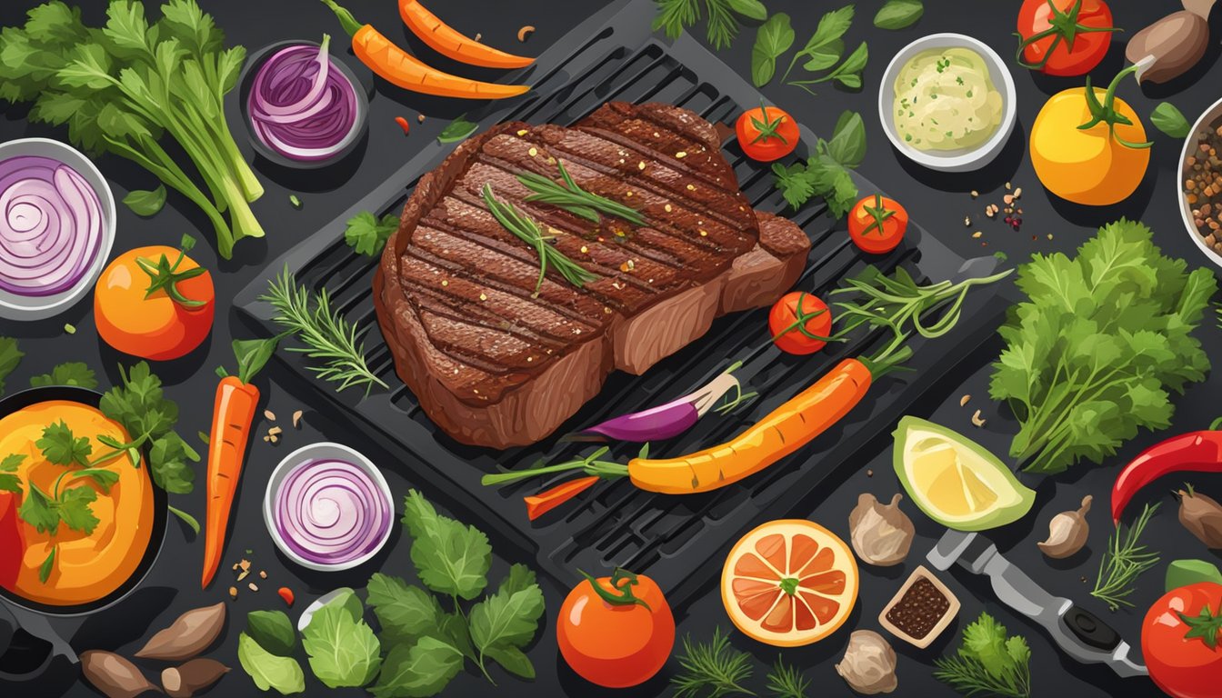 A sizzling ribeye steak on a hot grill, surrounded by fresh herbs and spices, with a variety of colorful vegetables arranged nearby