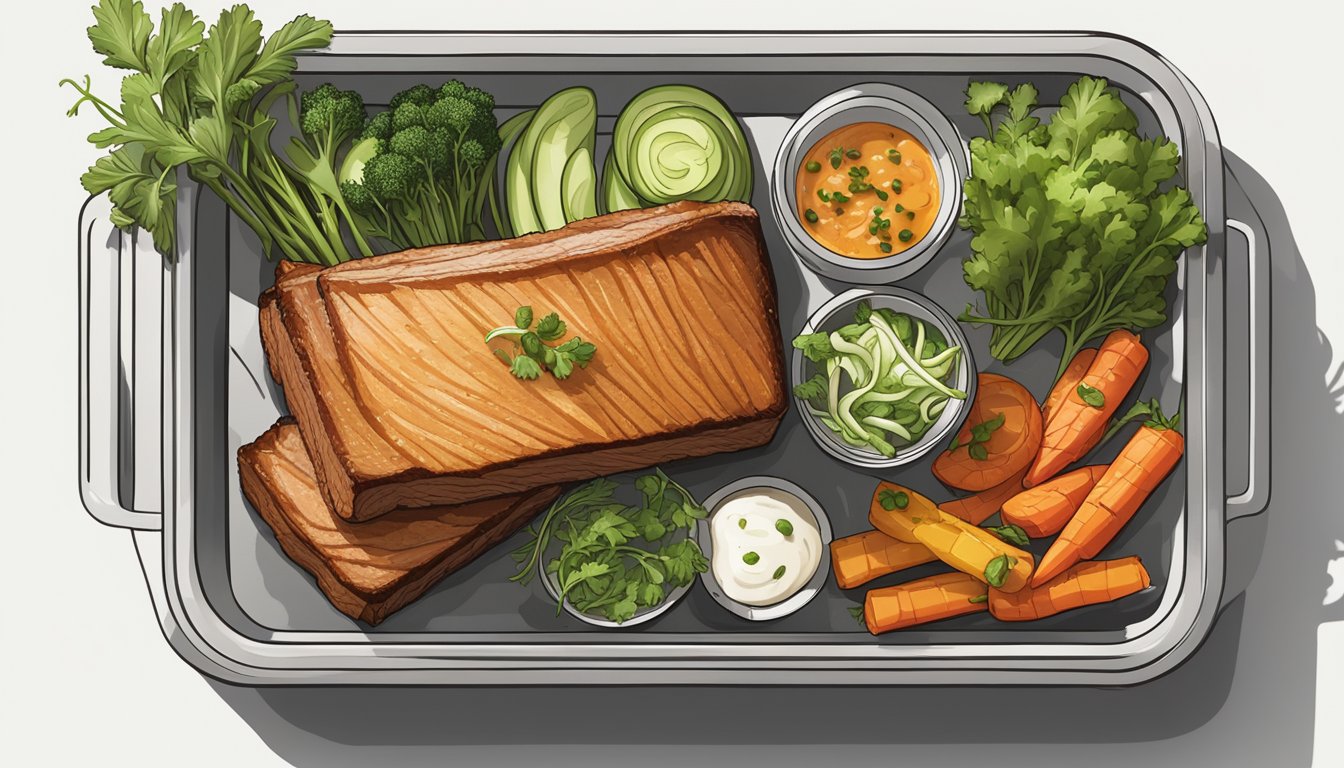 A golden-brown roasted pork belly surrounded by a variety of fresh vegetables and herbs on a sleek, modern meal prep tray