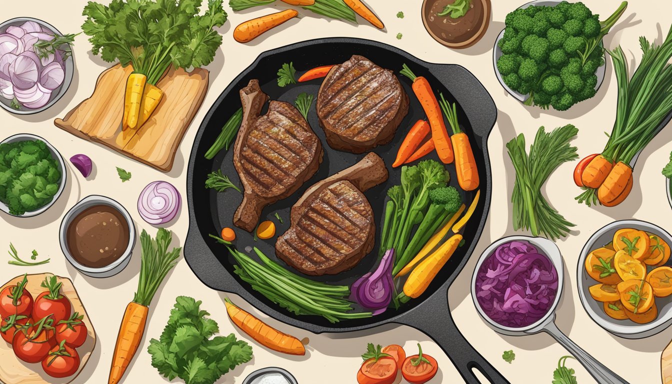 A sizzling skillet with seared lamb chops surrounded by colorful vegetables and herbs, ready for a carnivore diet meal prep illustration