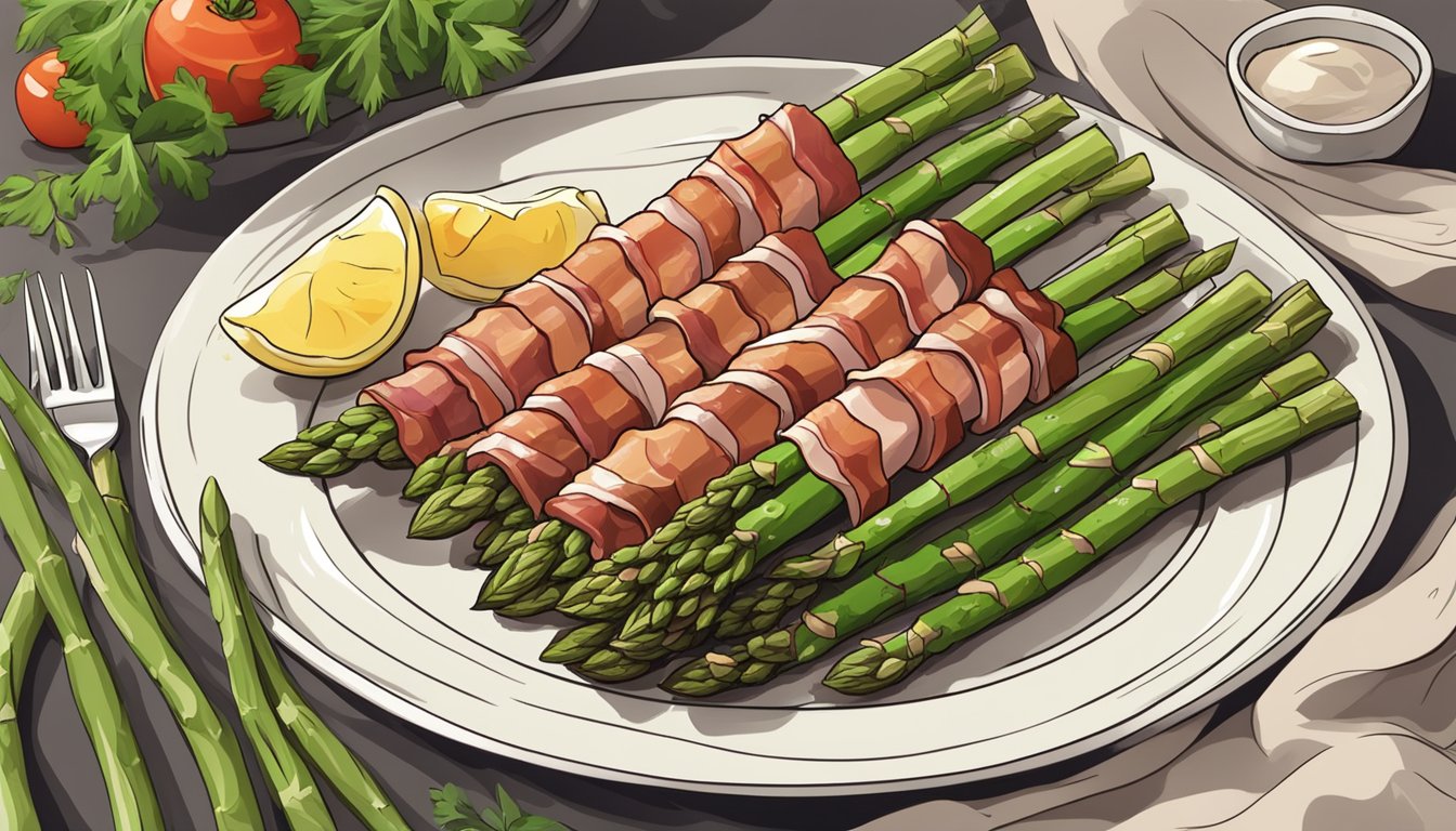 A plate of bacon-wrapped asparagus with a side of fresh vegetables and herbs, ready for a carnivore diet meal prep illustration