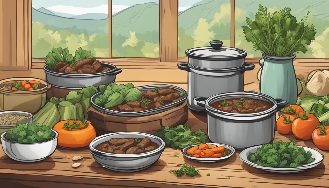 A rustic table set with a steaming bowl of venison stew surrounded by fresh vegetables and herbs, with a stack of meal prep containers nearby