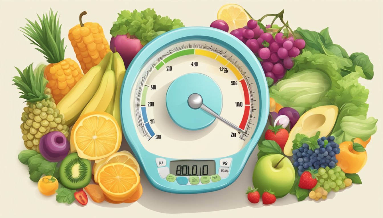 A scale showing 50 pounds lost in six months, surrounded by healthy food and a happy, confident atmosphere