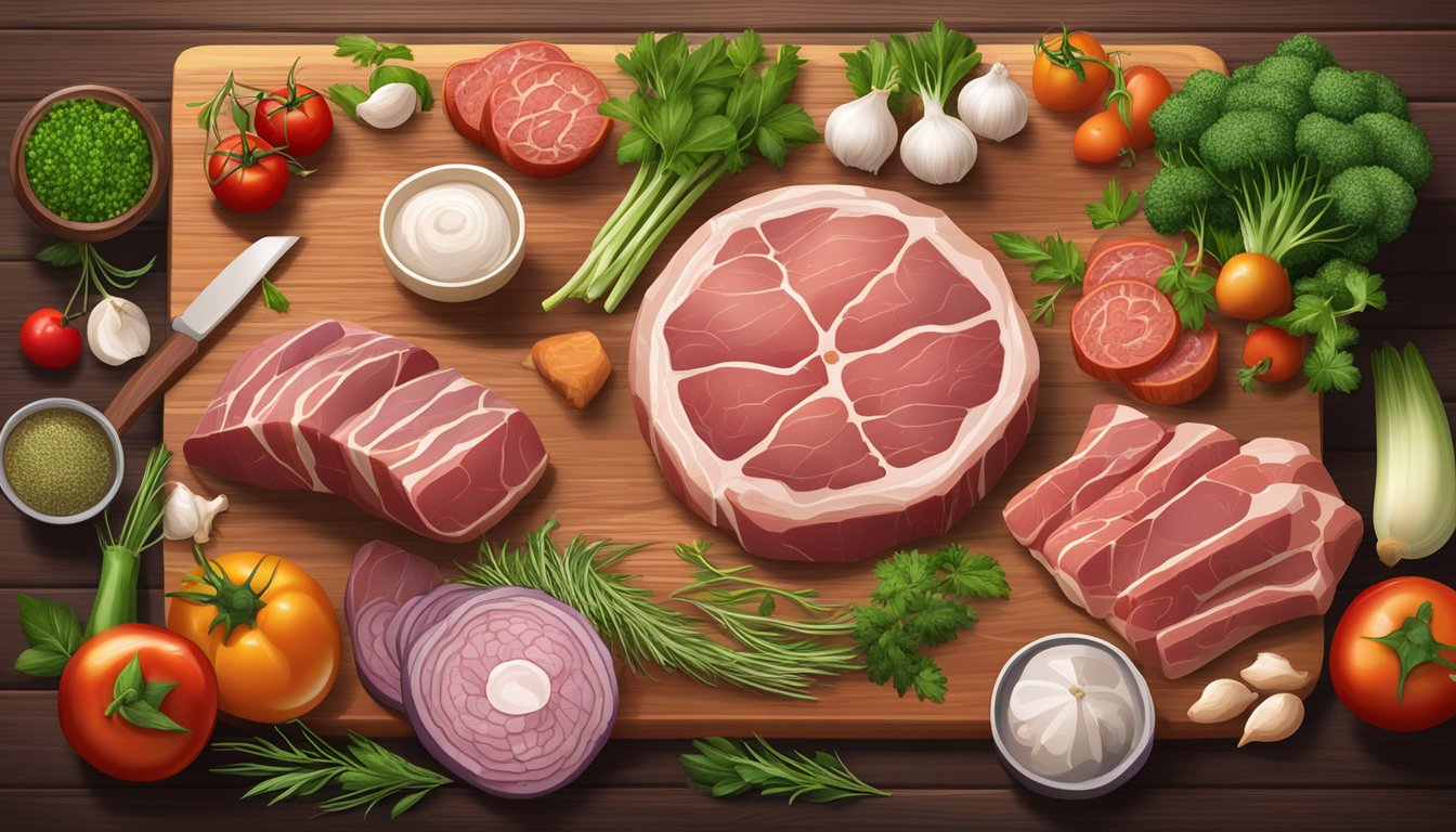 A variety of raw meats and animal products arranged on a wooden cutting board, surrounded by fresh herbs and vegetables