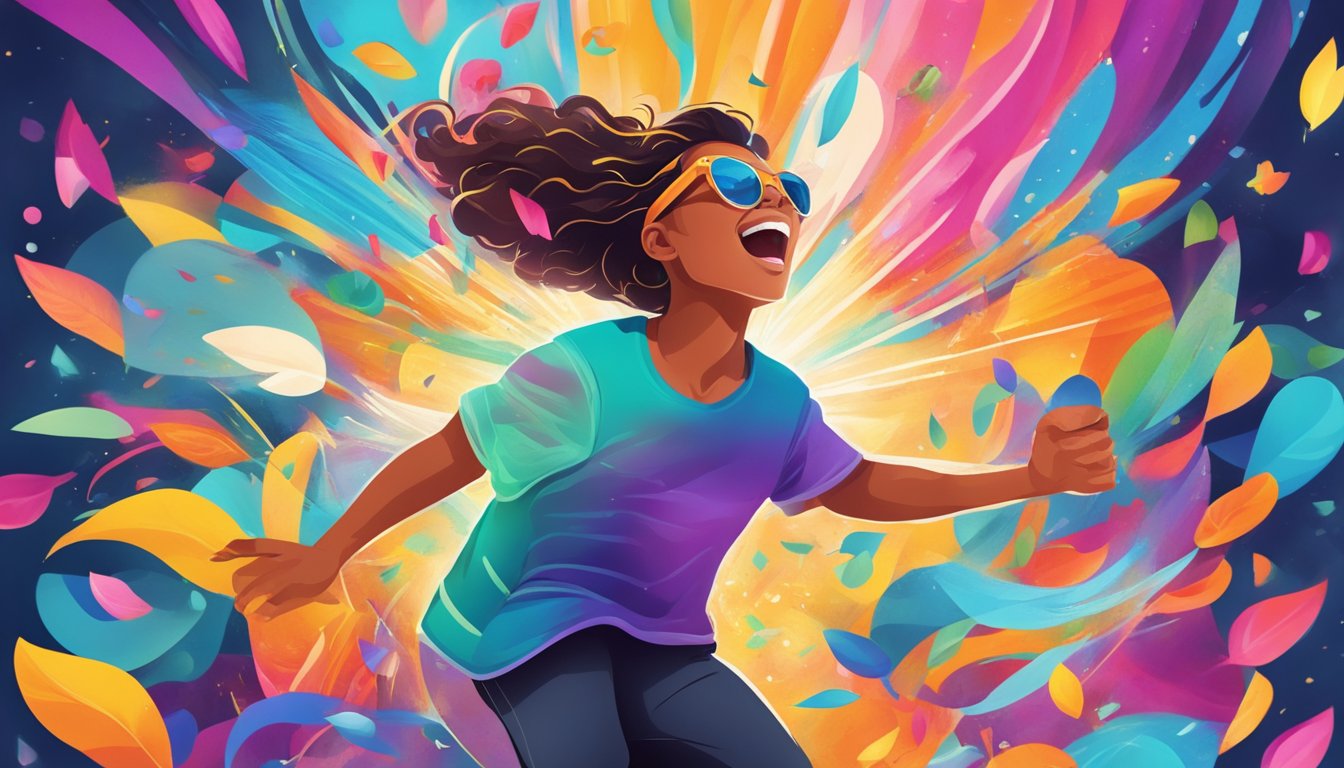 A person bursting with energy, surrounded by vibrant colors and symbols of vitality