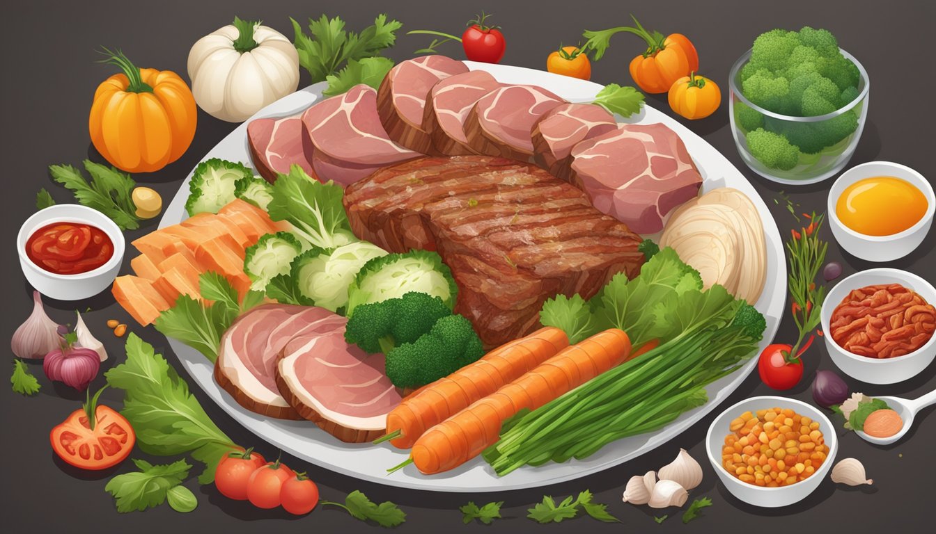 A plate filled with various meats and vegetables, surrounded by a collection of healthy and vibrant ingredients