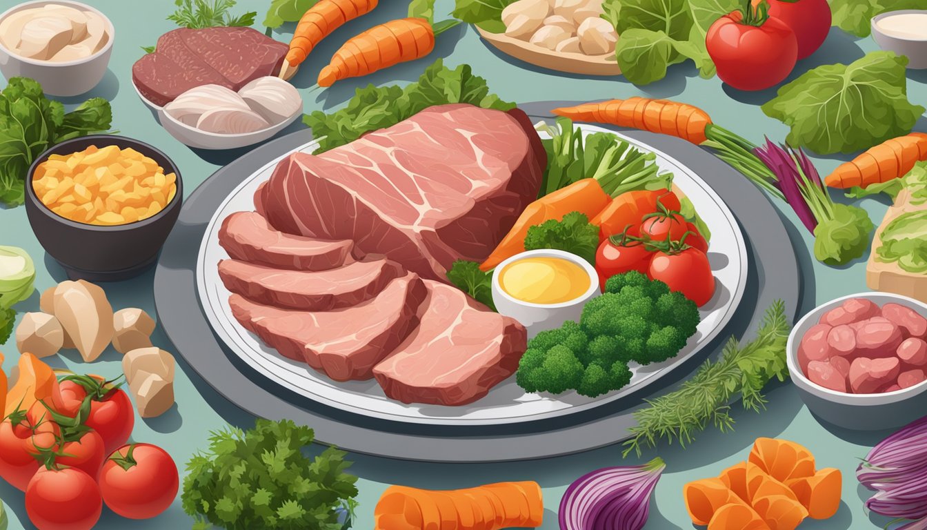 A variety of protein-rich meats arranged on a plate, surrounded by colorful vegetables and herbs