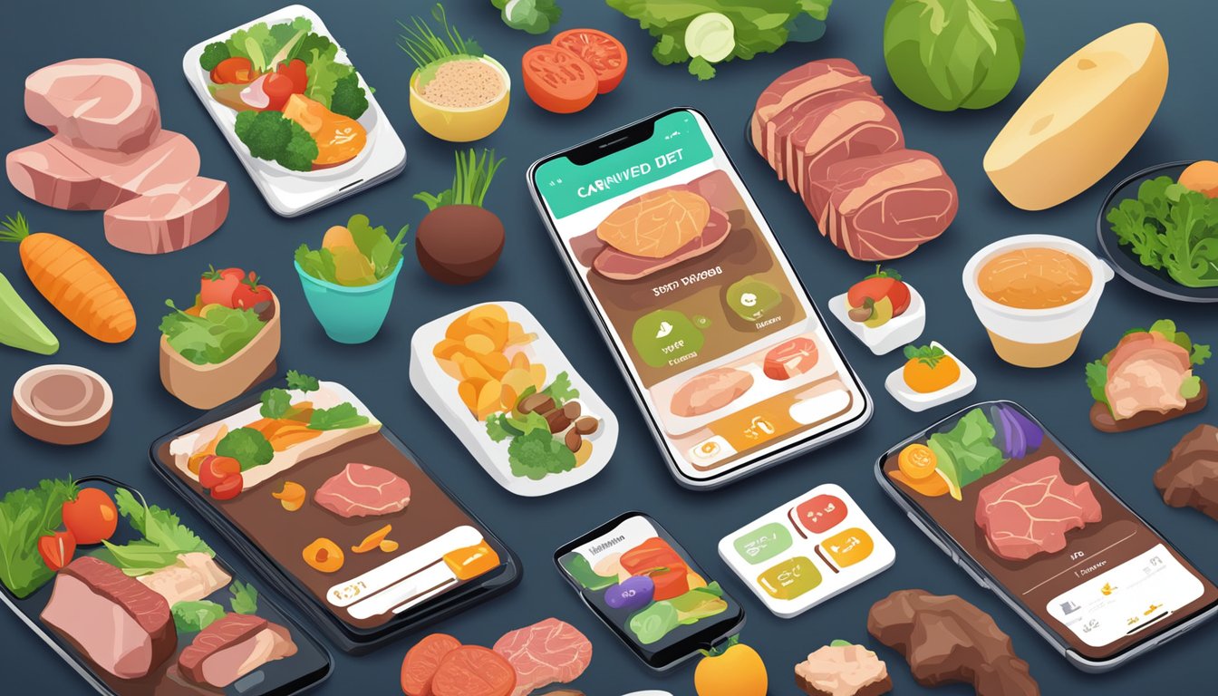 A carnivore diet tracker app with 12 motivational tips displayed on a smartphone screen, surrounded by images of meat, vegetables, and fitness icons