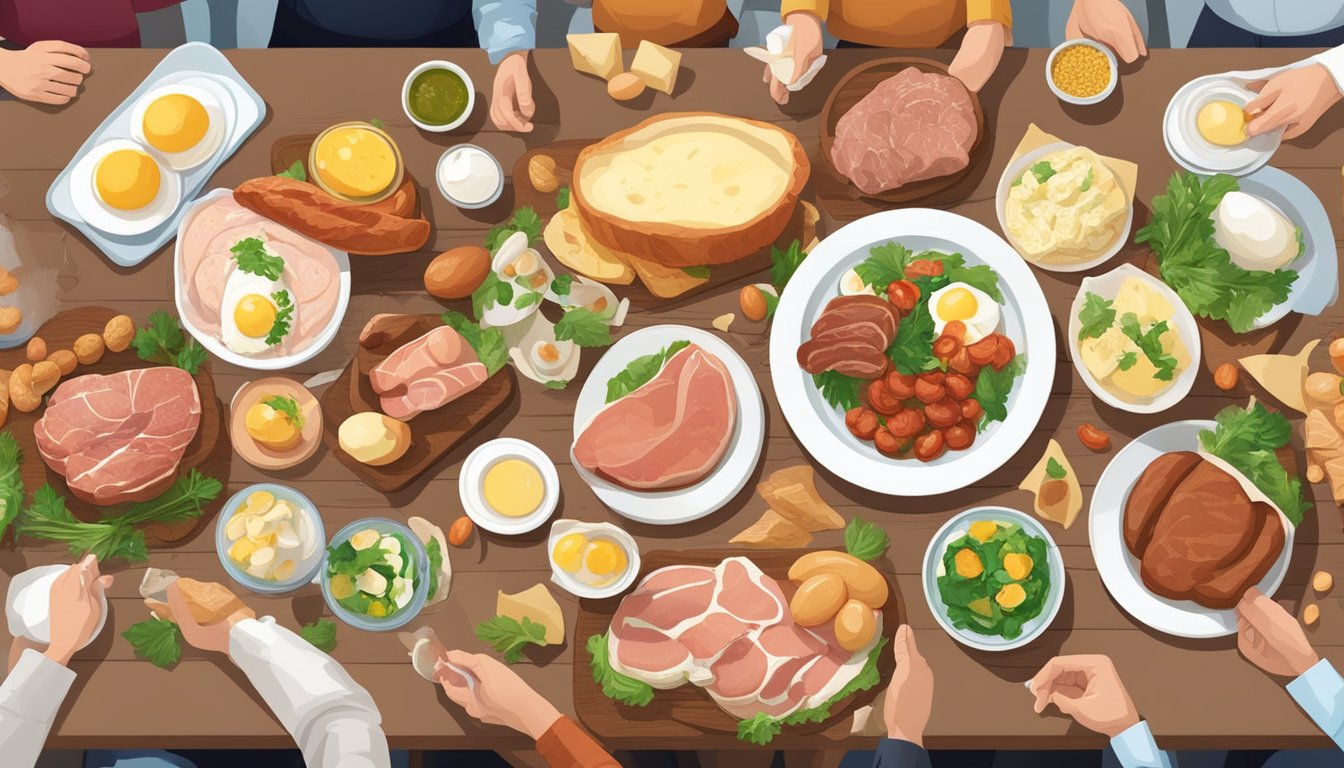 A table with a variety of meats, eggs, and dairy products, surrounded by happy and healthy individuals