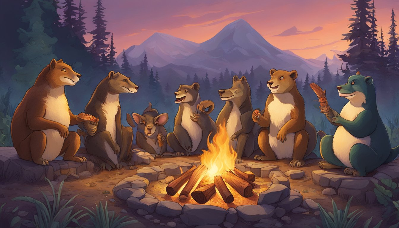 A group of carnivorous animals gather around a fire, sharing meat and engaging in lively conversation. The scene exudes a sense of community and motivation