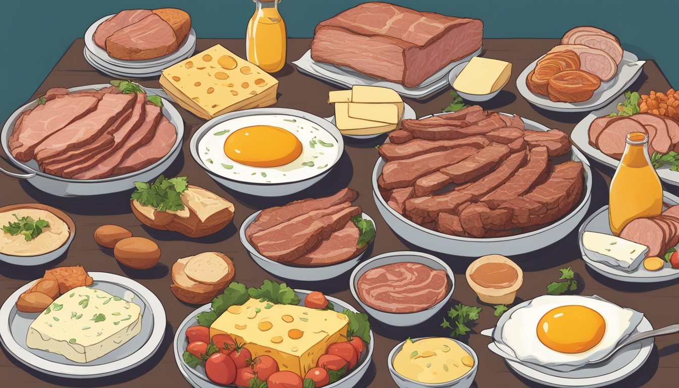 A table filled with various cuts of meat, eggs, and cheese, surrounded by satisfied individuals with no cravings