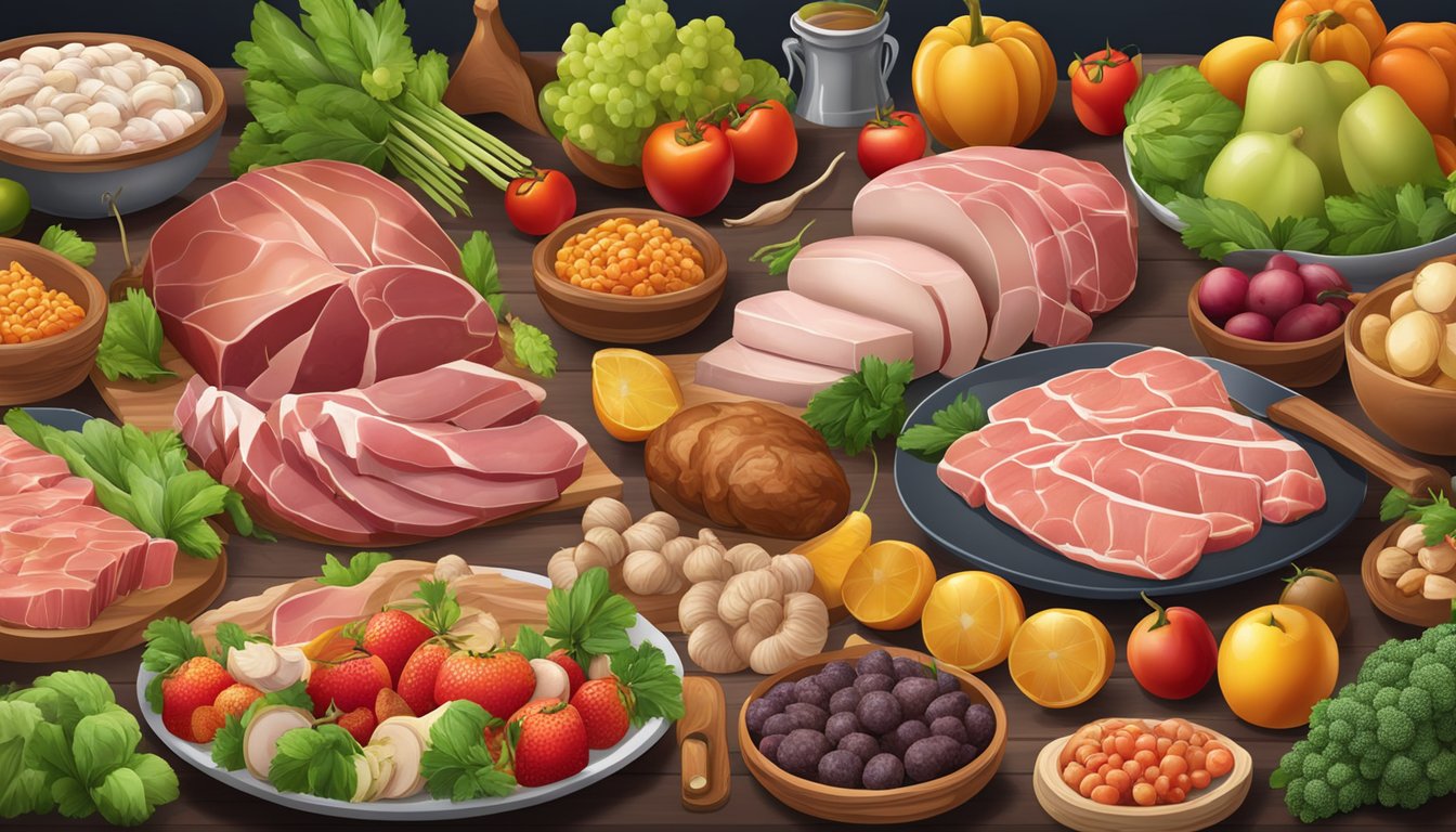 A table with a variety of meats and animal products, surrounded by colorful fruits and vegetables