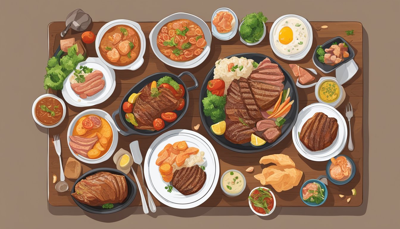 A table with a variety of meat dishes, including steak, chicken, and fish. Surrounding the table are motivational quotes and images of active individuals