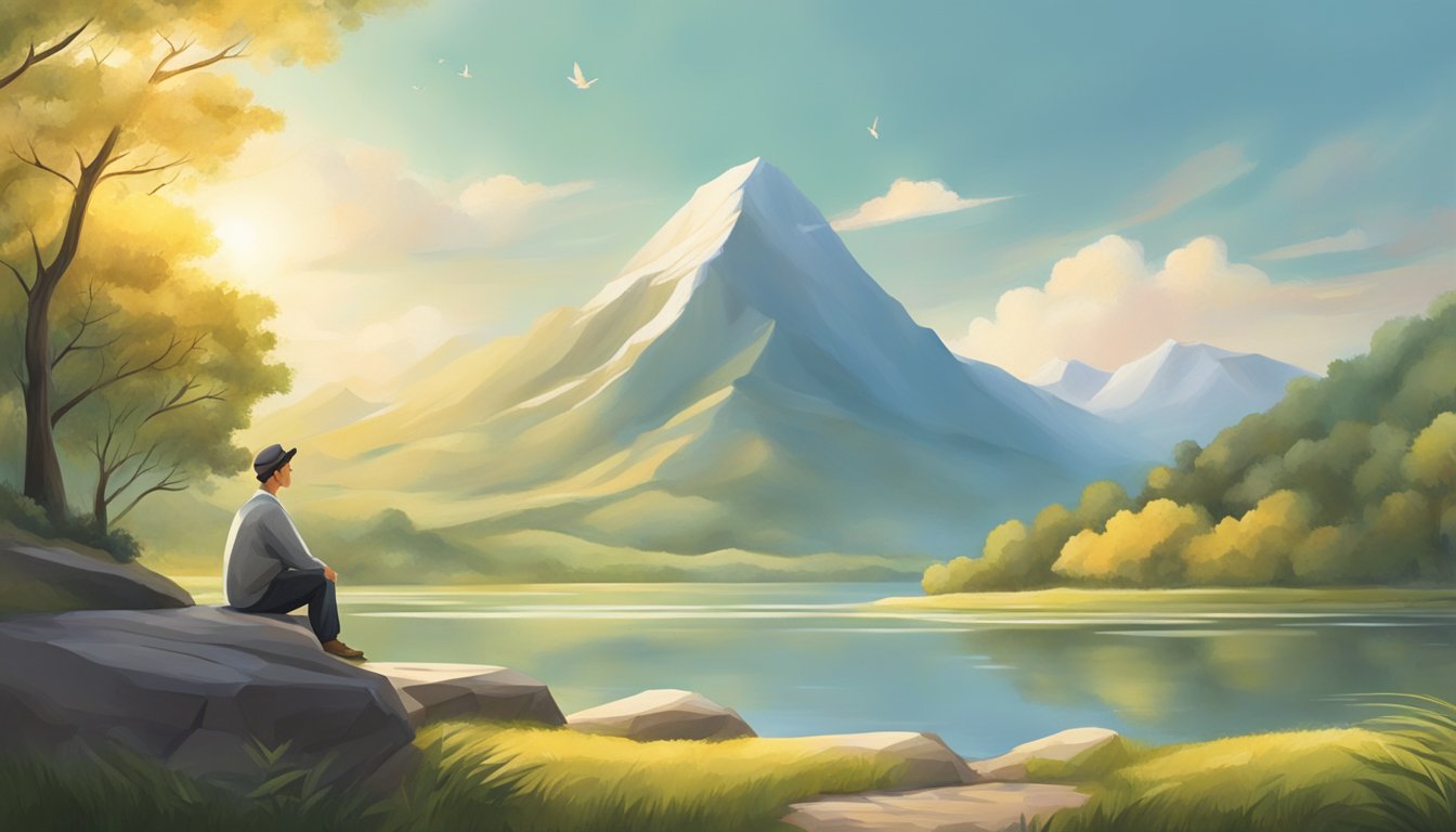 A peaceful figure surrounded by a serene landscape, with a content expression and a sense of tranquility