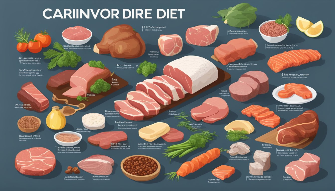 A variety of fresh meats and animal products arranged around a list of 10 reasons to try the carnivore diet for weight loss