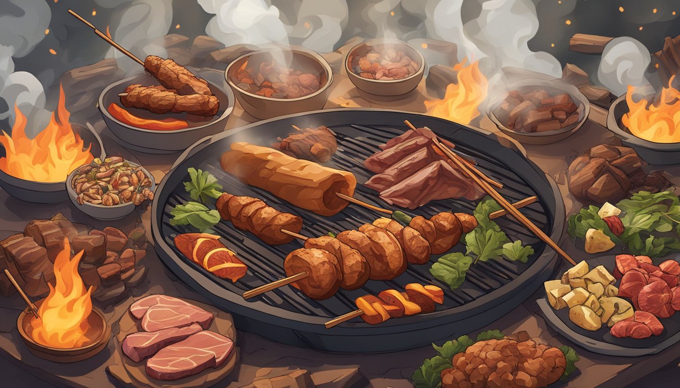 A roaring campfire surrounded by various meats cooking on skewers. Smoke billows up as the flames lick the meat, creating a primal and carnivorous atmosphere