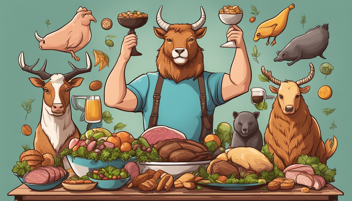 A carnivore diet enthusiast celebrating a milestone with a feast of meat and animal products, surrounded by motivational imagery and symbols of achievement