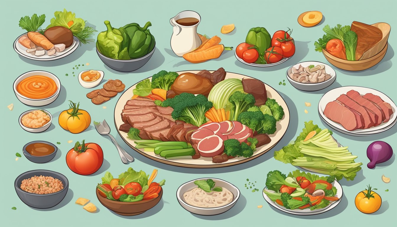 A balanced plate with various meats and vegetables, surrounded by vibrant energy symbols