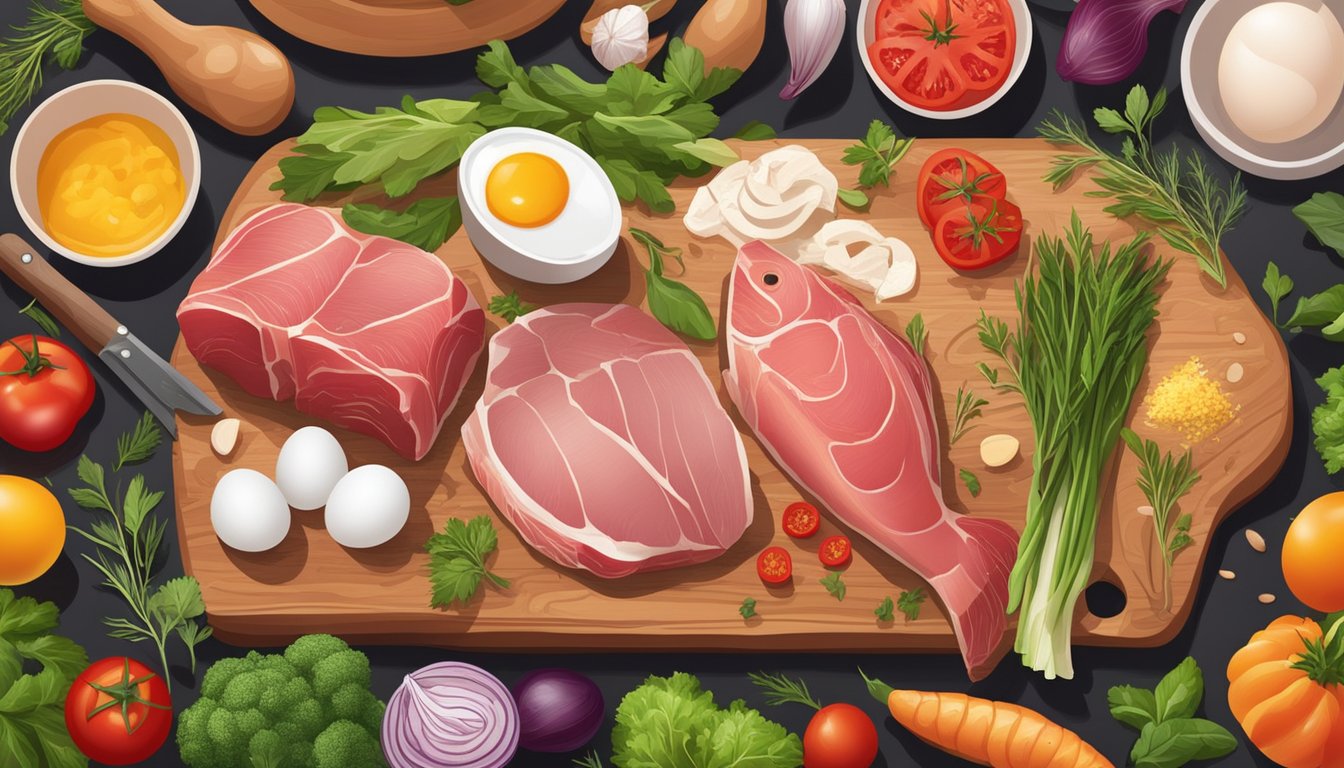 A variety of fresh meat, fish, and eggs arranged on a wooden cutting board, surrounded by colorful vegetables and herbs