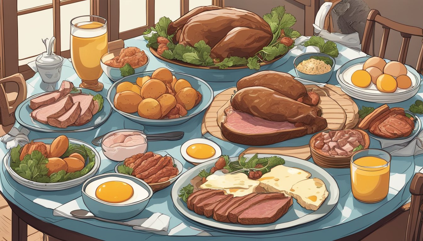 A table set with various meats, eggs, and dairy, surrounded by motivational quotes and images of strong, healthy animals