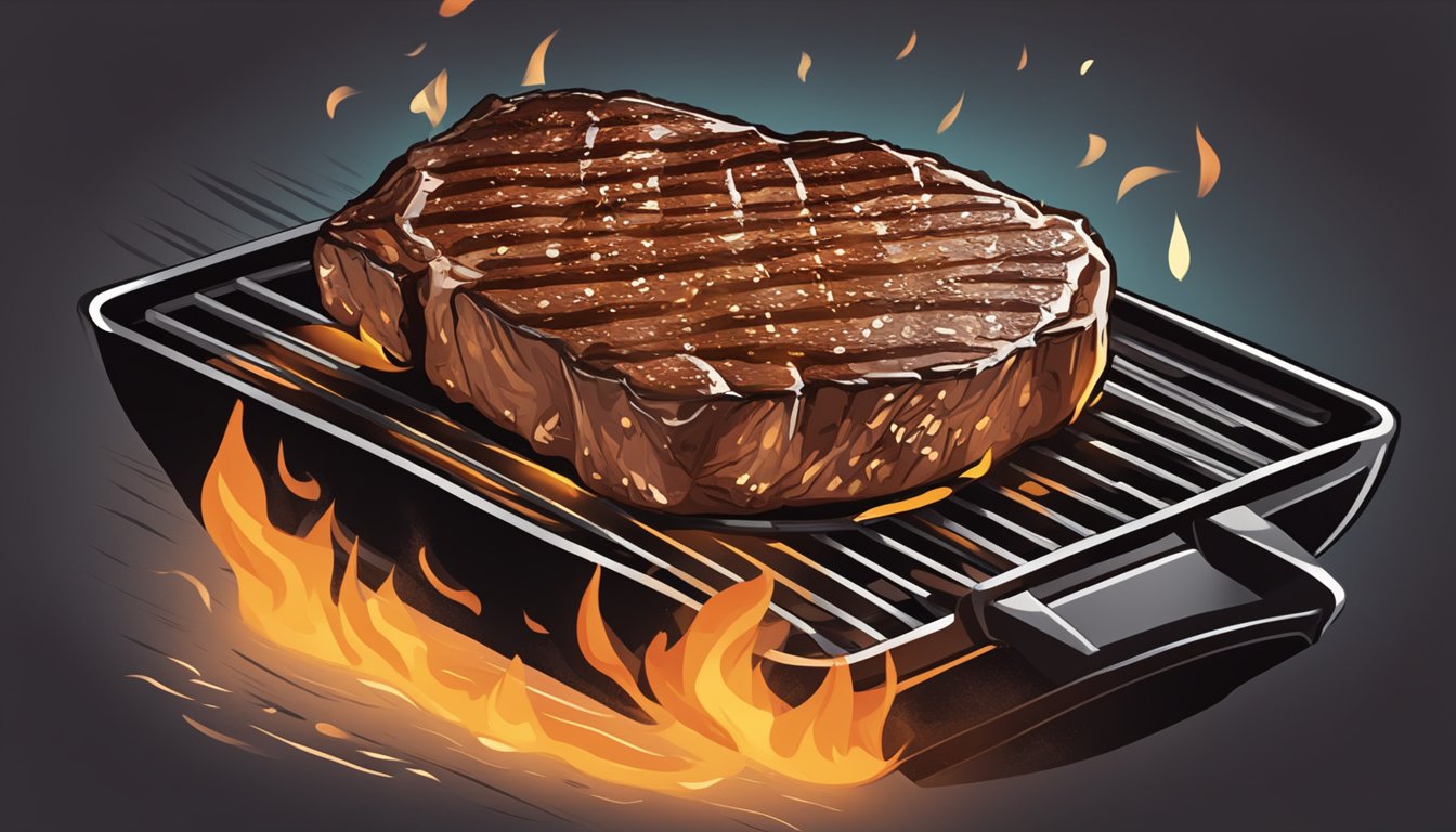 A sizzling ribeye steak on a hot grill, with grill marks and the aroma of charred meat wafting through the air