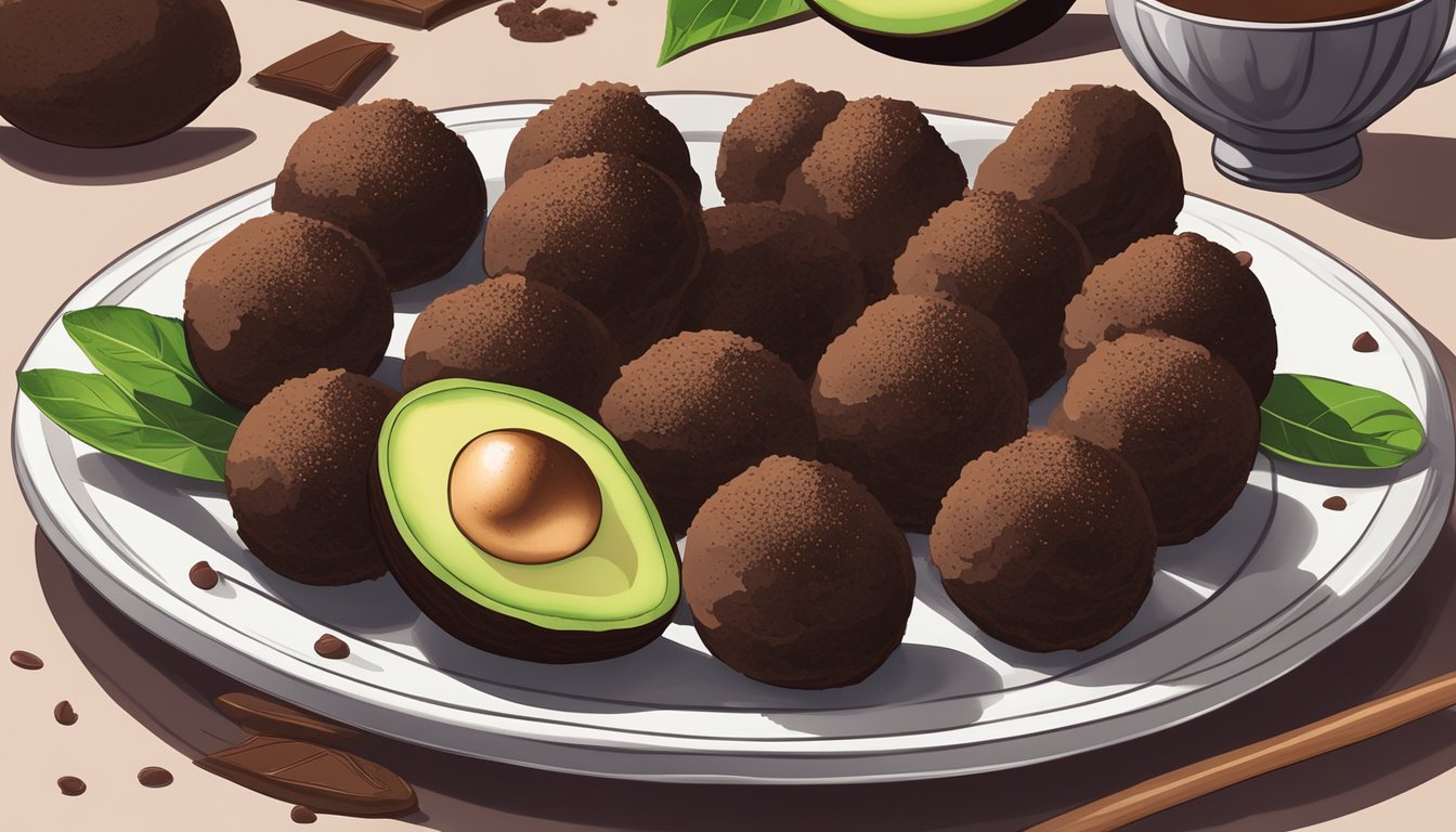 A plate of chocolate avocado truffles surrounded by fresh avocado and cocoa powder, with a few whole avocados in the background