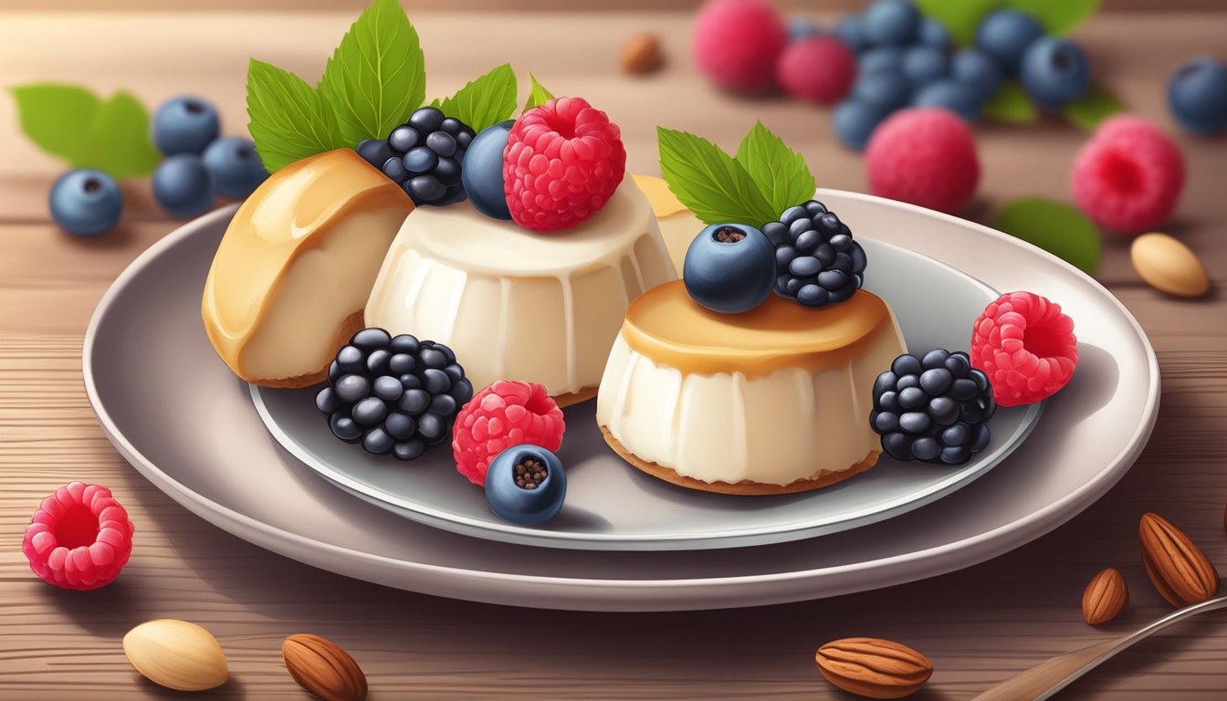 A plate of cheesecake fat bombs surrounded by berries and nuts on a wooden table