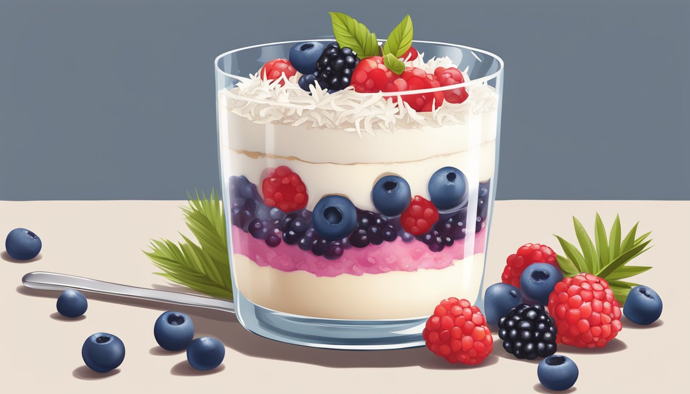 A glass parfait dish filled with layers of coconut cream and mixed berries, topped with a sprinkle of shredded coconut and a fresh berry on top