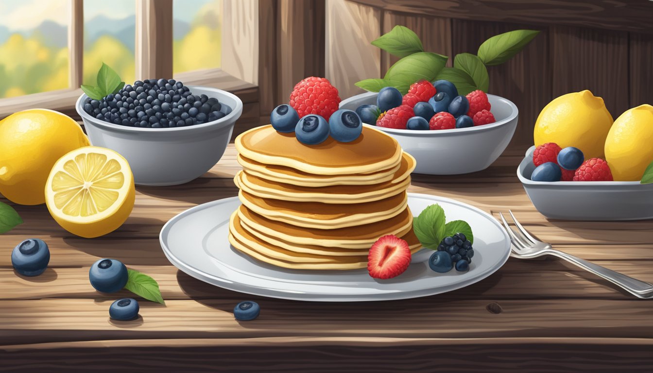 A plate of lemon ricotta pancakes surrounded by fresh berries and a dollop of whipped cream on a rustic wooden table