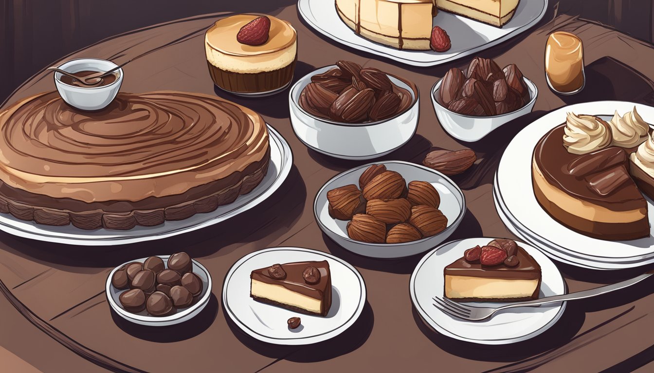 A table spread with a variety of carnivore diet desserts, including a rich chocolate mousse, a creamy cheesecake, and a decadent bacon-wrapped date