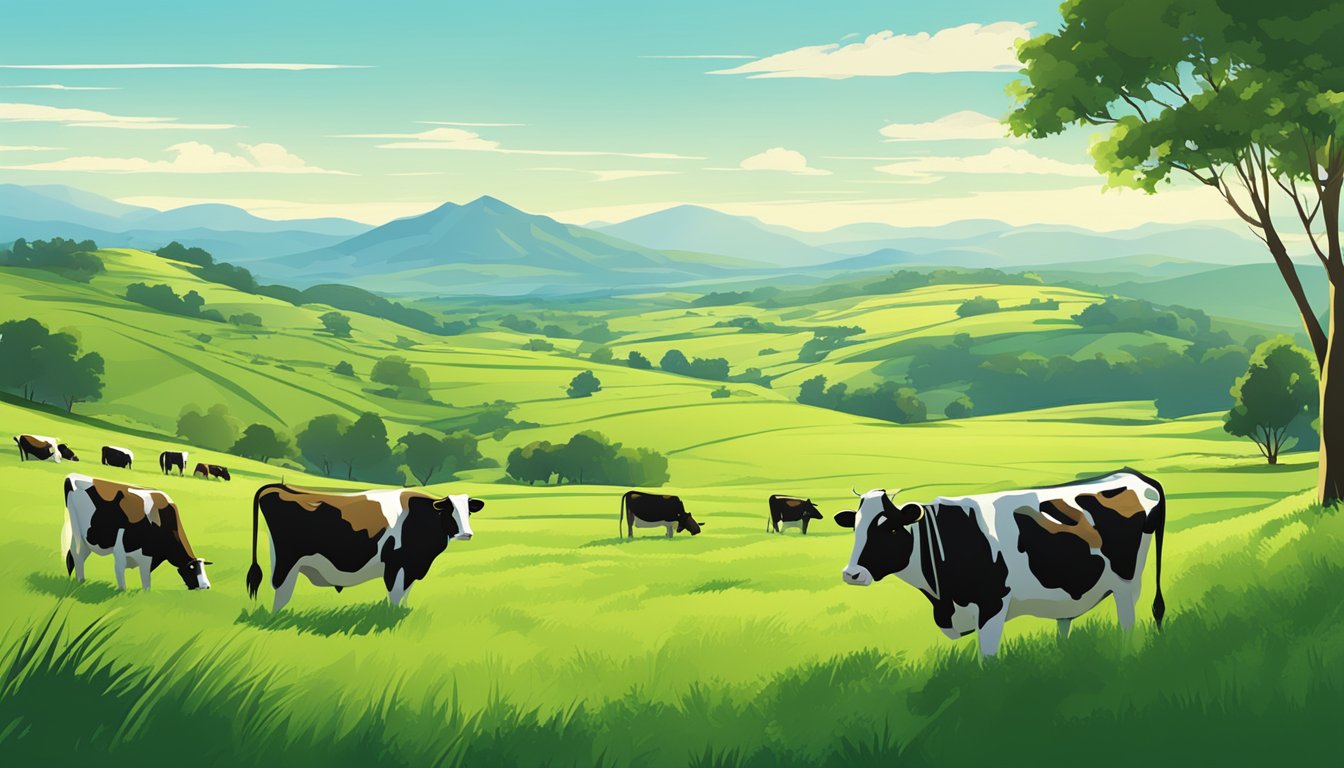 A lush green pasture with grazing cows, surrounded by rolling hills and a clear blue sky