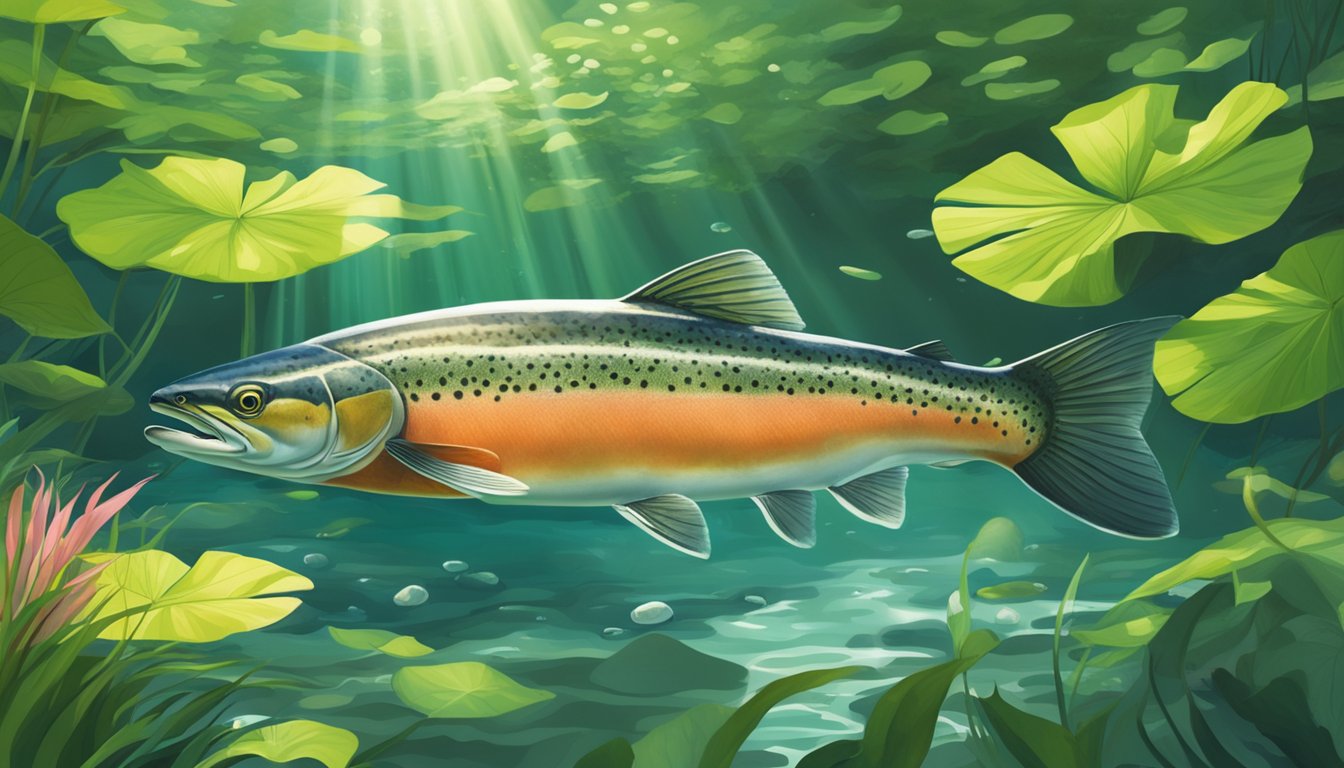 A wild-caught salmon swimming in a clear, flowing stream, surrounded by vibrant green aquatic plants and dappled sunlight filtering through the water