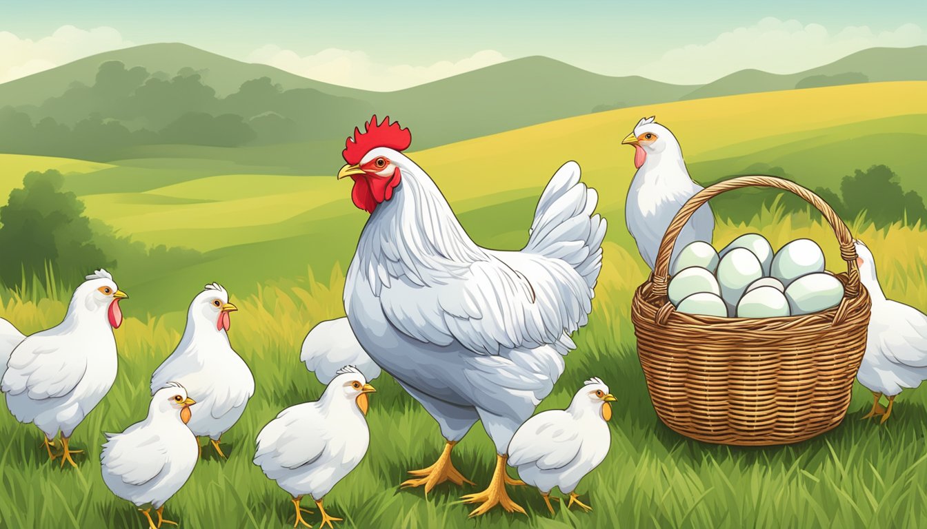 A hen standing in a grassy field, surrounded by other hens, with a basket of eggs nearby