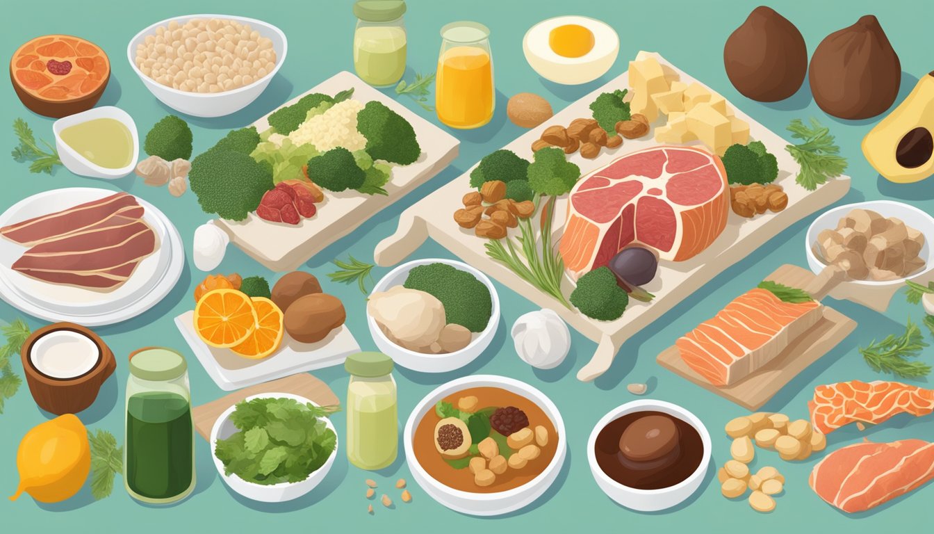 A table with a variety of bone marrow and carnivore diet-friendly foods arranged in an appealing display, surrounded by images of healthy adrenal glands