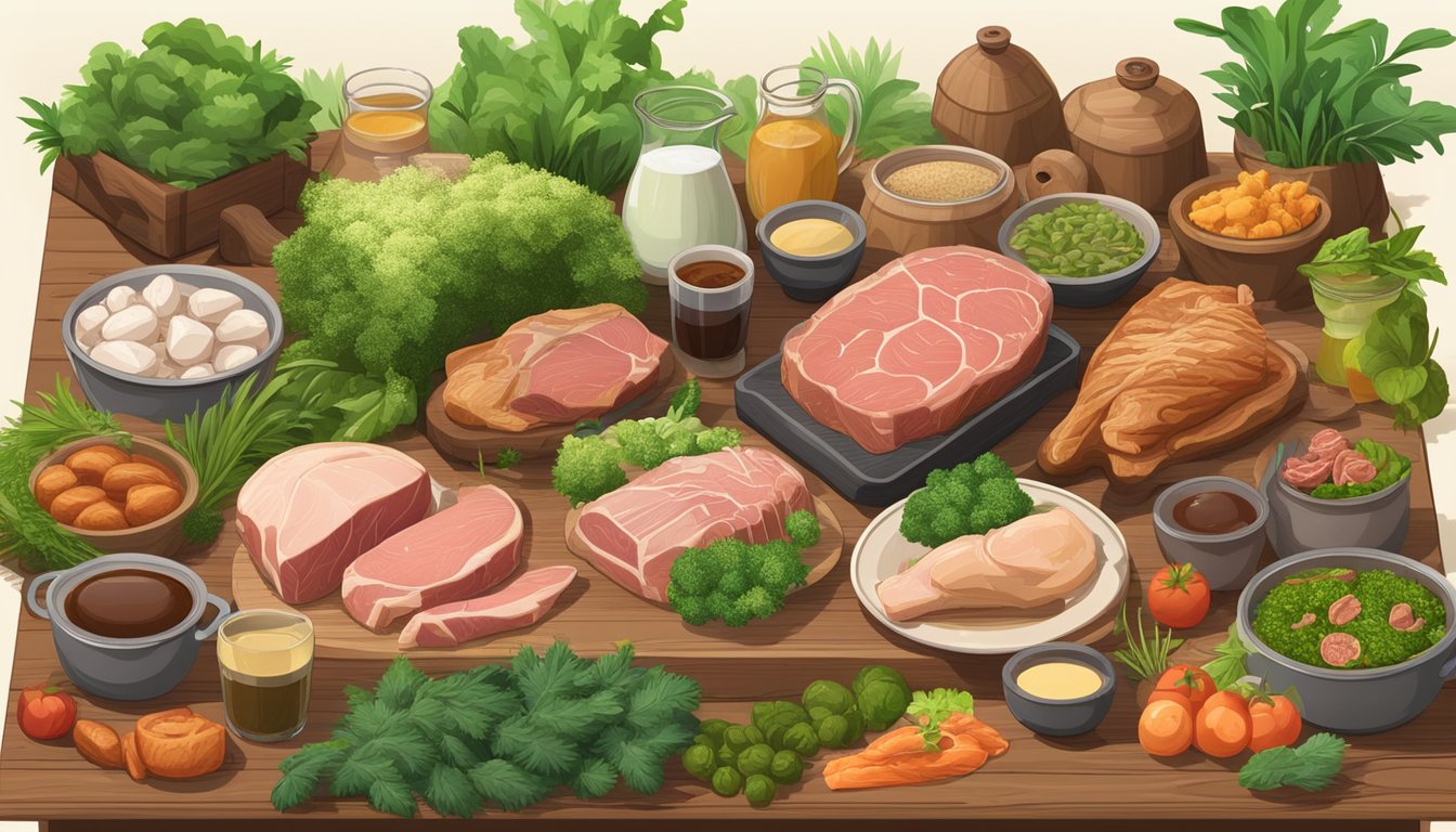 A lush green forest with a variety of carnivore diet friendly foods such as grass-fed beef, wild-caught fish, free-range poultry, organ meats, and bone broth displayed on a wooden table