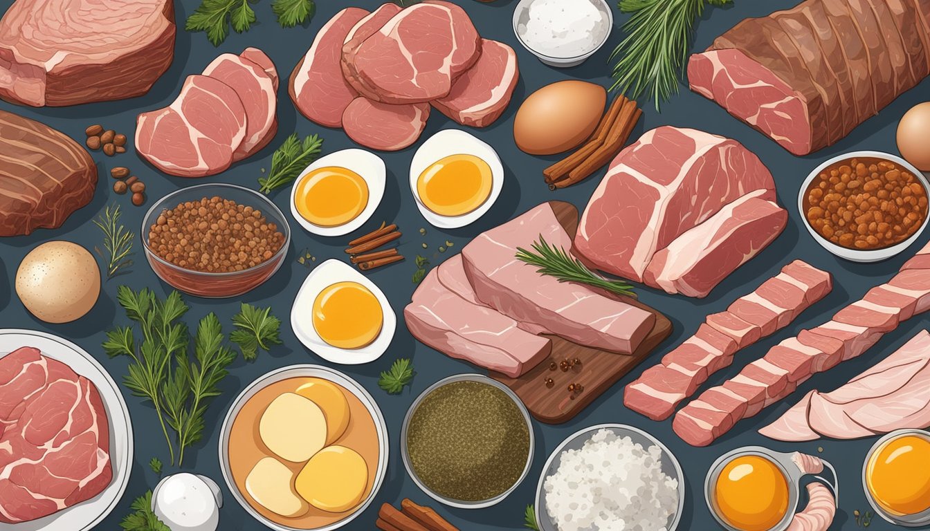 A table filled with various cuts of meat, eggs, and animal fats. A variety of herbs and spices are scattered around the ingredients