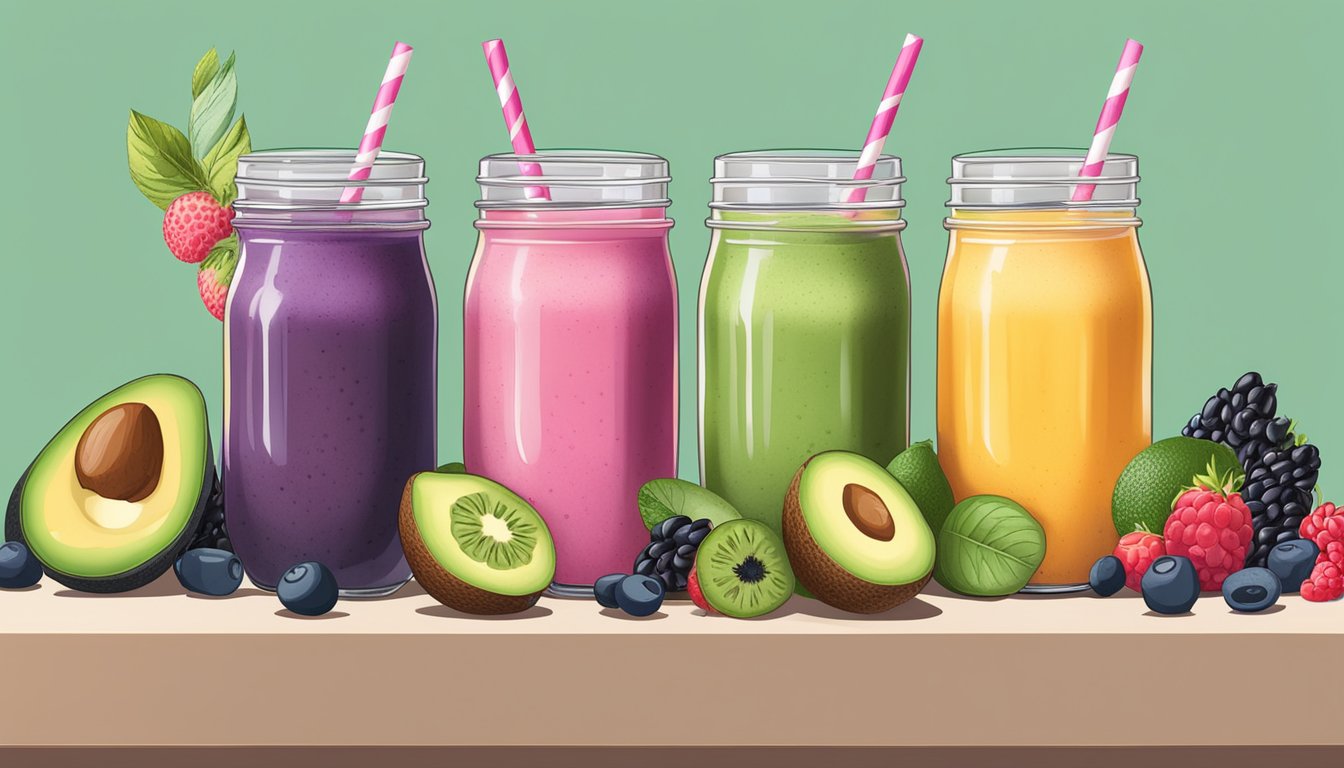 A table with 5 vibrant, keto-friendly smoothies surrounded by energizing ingredients like coffee beans, avocado, and berries