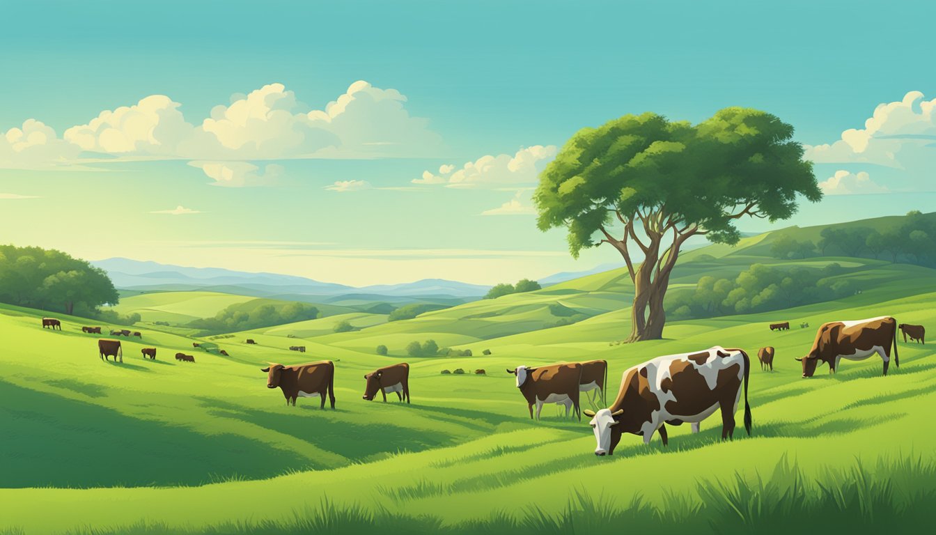 A lush green pasture with grazing cattle, surrounded by rolling hills and clear blue skies