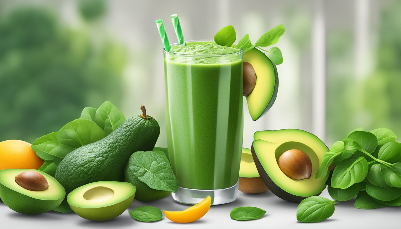 A vibrant green smoothie surrounded by fresh spinach leaves and ripe avocados, with a backdrop of energizing fruits and vegetables