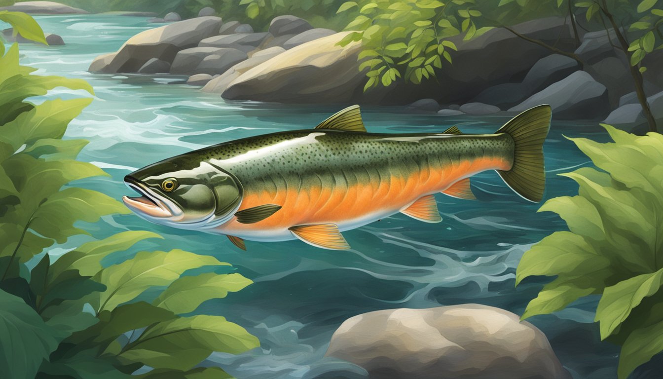 A wild-caught salmon swimming in a clear, flowing stream, surrounded by lush greenery and rocks