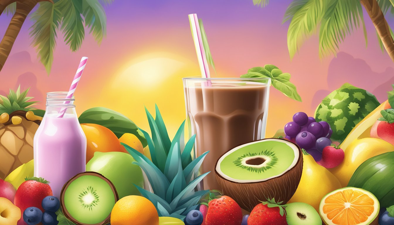 A coconut milk chocolate smoothie surrounded by vibrant fruits and vegetables, with a backdrop of a sunny, tropical setting