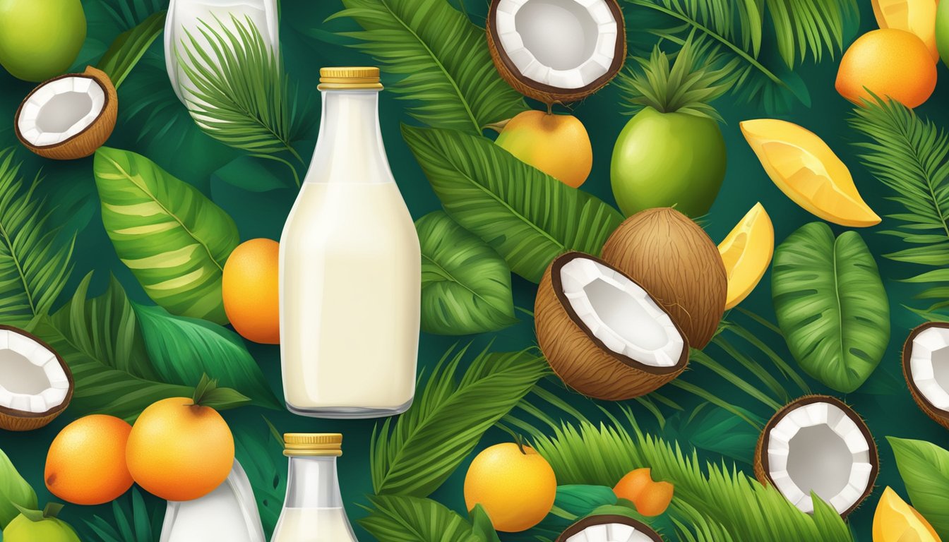 A coconut milk bottle surrounded by vibrant tropical fruits and green leaves